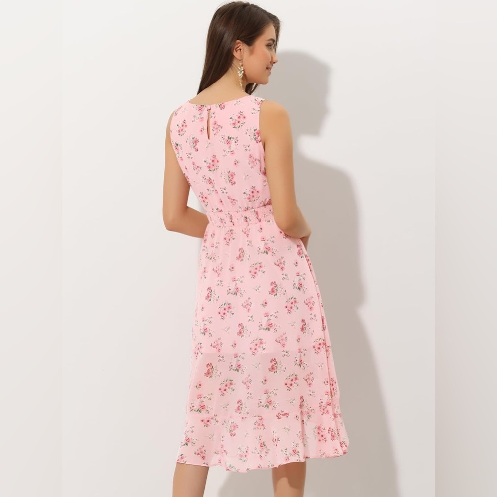 Allegra K Pink Floral Sleeveless Midi Dress XS | Smocked Waist - New With Tags - Picture 2 of 10